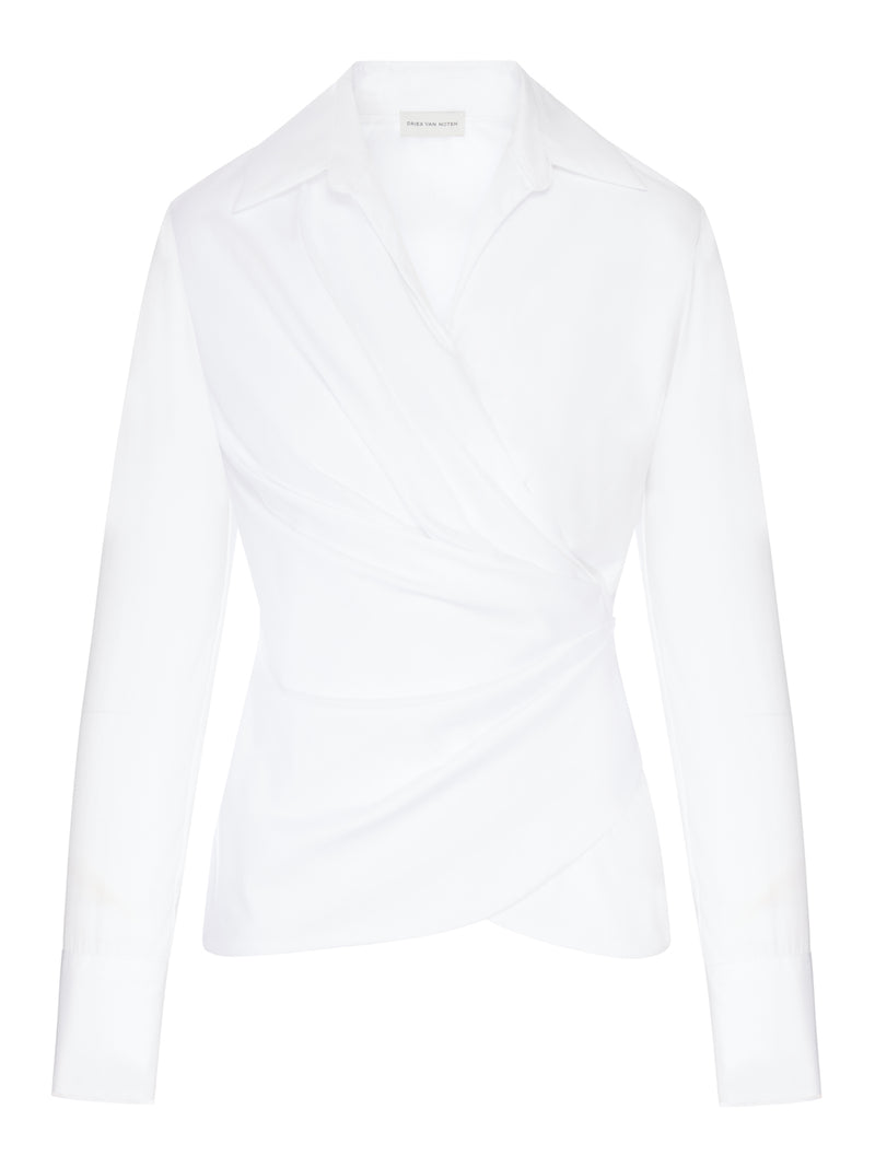 WHITE DRAPED WRAP SHIRT
