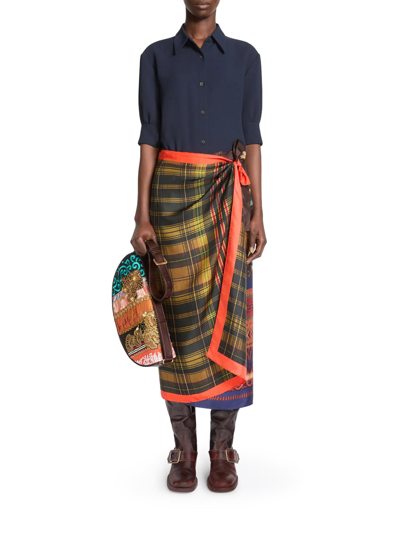 LONG SILK PAREO SKIRT WITH CONTRASTING ARCHIVE PRINTS
