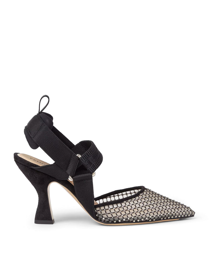 HUMMINGBIRD HIGH-HEELED SLINGBACK IN MESH AND BLACK SUEDE