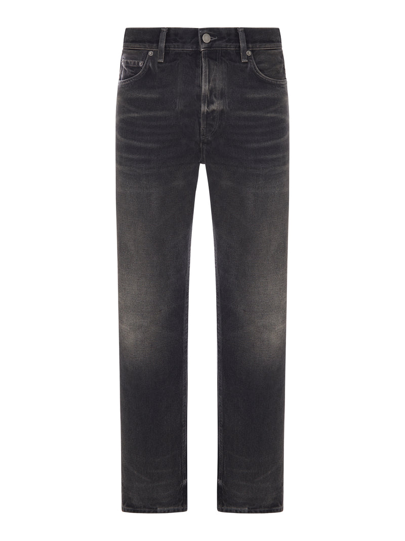 STRAIGHT LEG WASHED DENIM JEANS WITH POCKETS