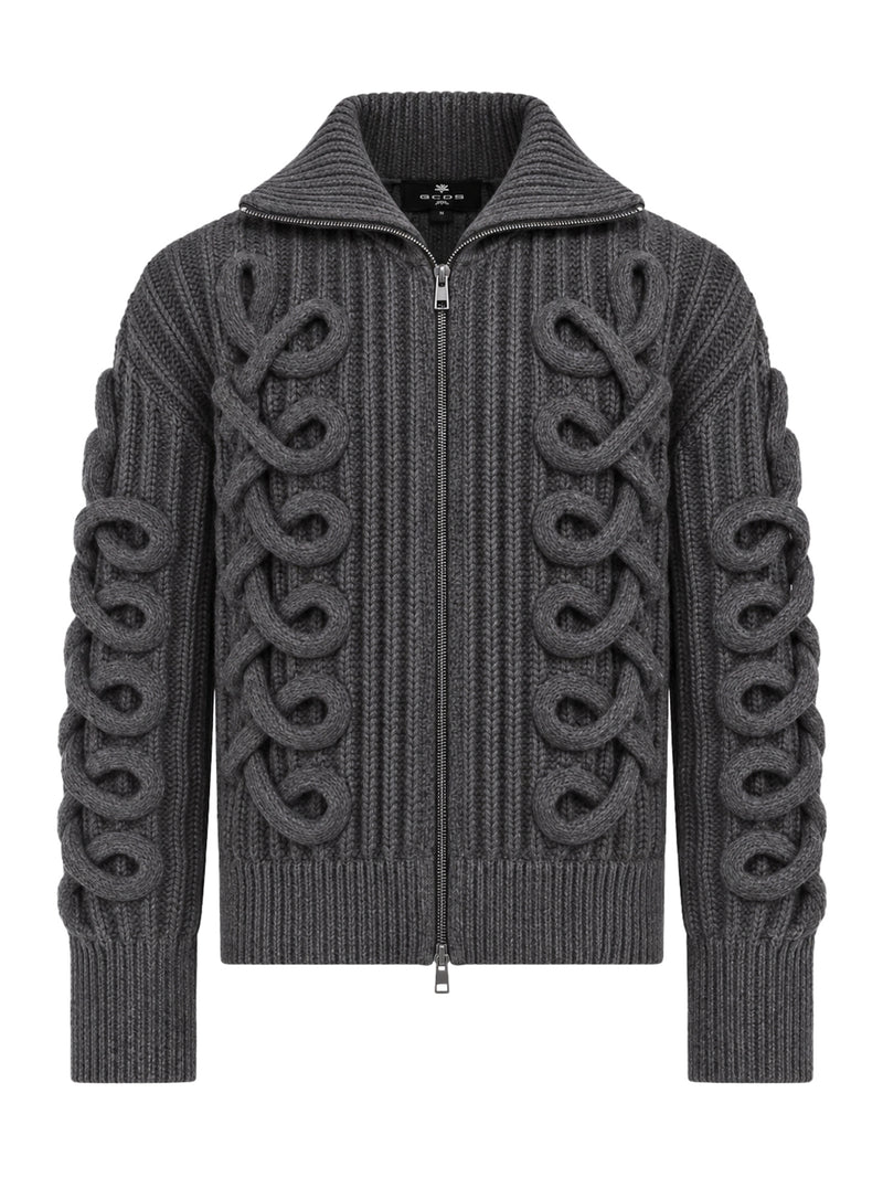 RIBBED WOOL-BLEND ZIP-UP CARDIGAN WITH CABLE-KNIT DETAILS