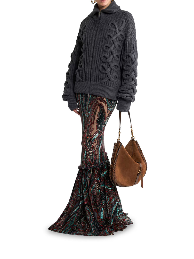 RIBBED WOOL-BLEND ZIP-UP CARDIGAN WITH CABLE-KNIT DETAILS