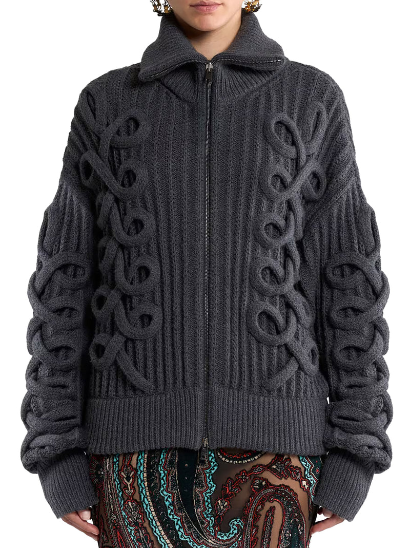 RIBBED WOOL-BLEND ZIP-UP CARDIGAN WITH CABLE-KNIT DETAILS