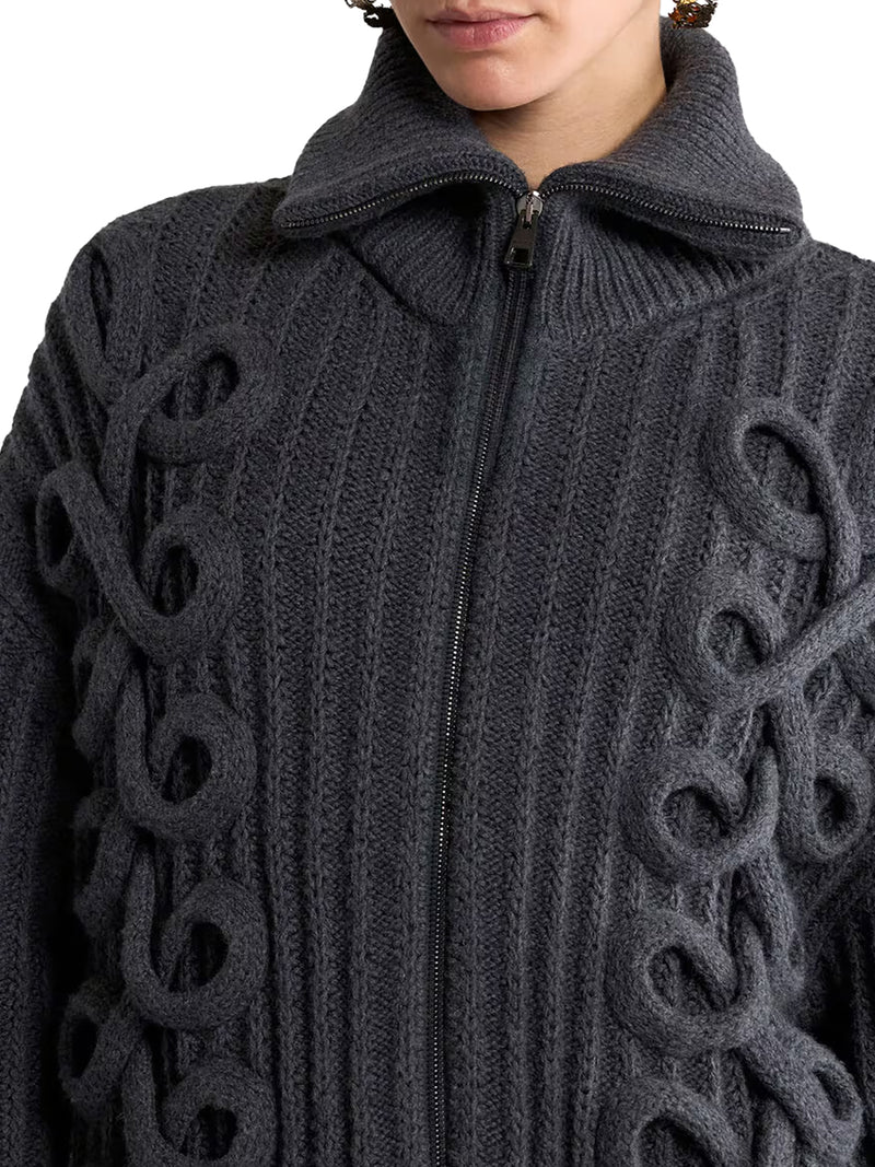 RIBBED WOOL-BLEND ZIP-UP CARDIGAN WITH CABLE-KNIT DETAILS