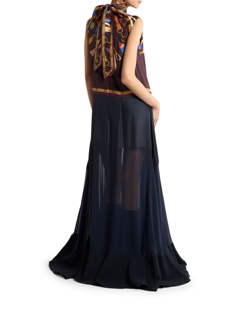 LONG SILK DRESS WITH A SEE-THROUGH SKIRT AND PLACEMENT PRINT