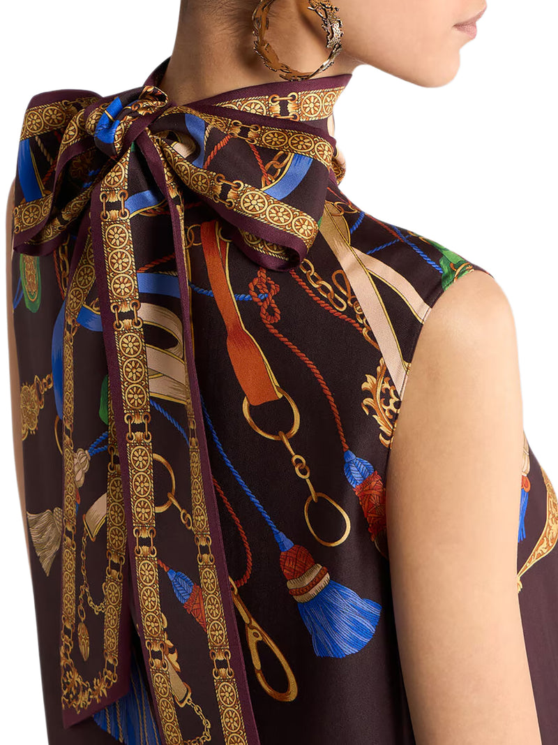 LONG SILK DRESS WITH A SEE-THROUGH SKIRT AND PLACEMENT PRINT