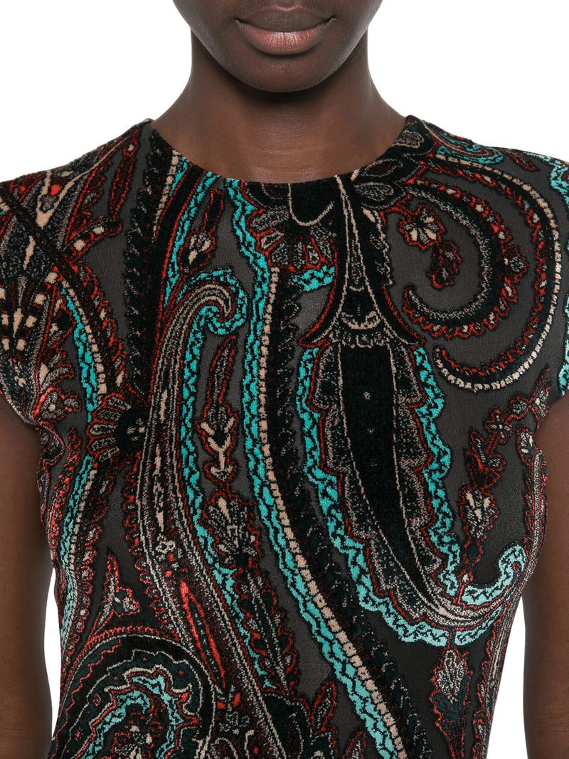LONG PAISLEY PRINT DRESS WITH SHORT SLEEVES