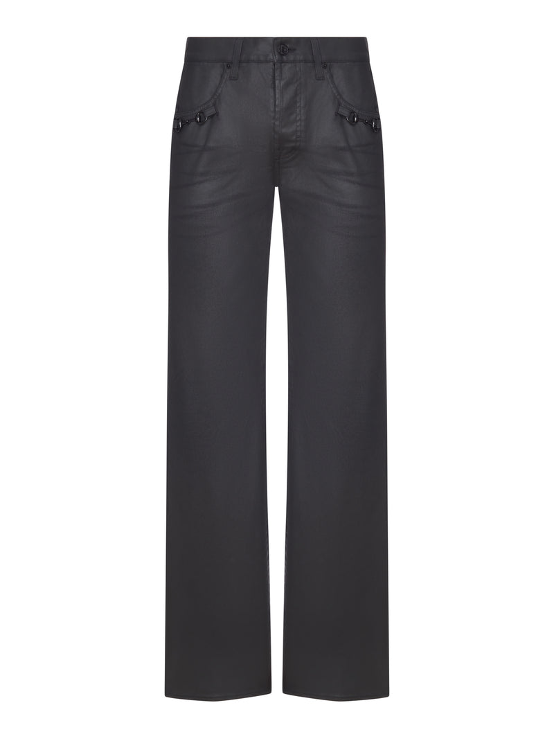 COATED COTTON DENIM FLARE TROUSERS
