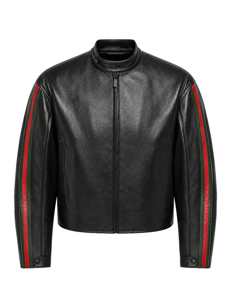 LEATHER BIKER JACKET WITH WEB DETAIL