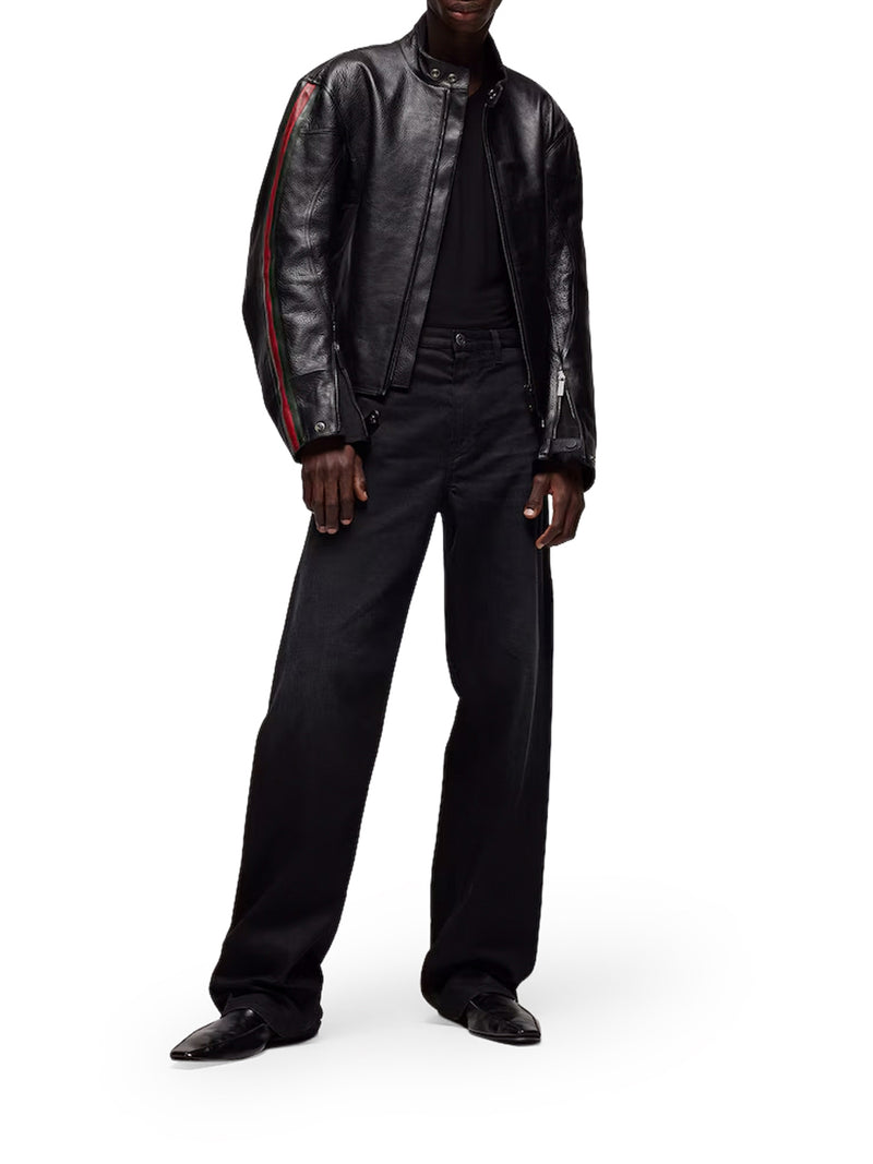 LEATHER BIKER JACKET WITH WEB DETAIL