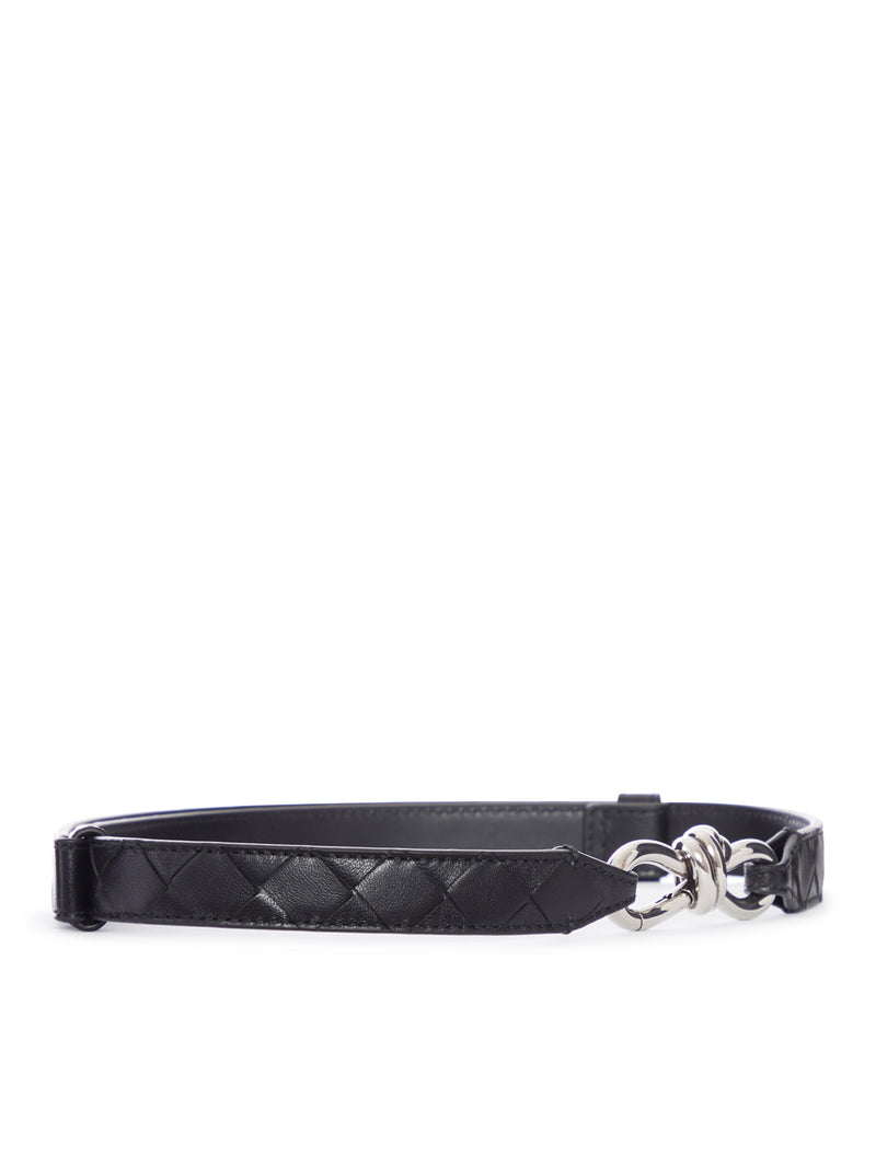 NAPPA BELT WITH BRAIDED DESIGN AND EMBLEM KNOT BUCKLE