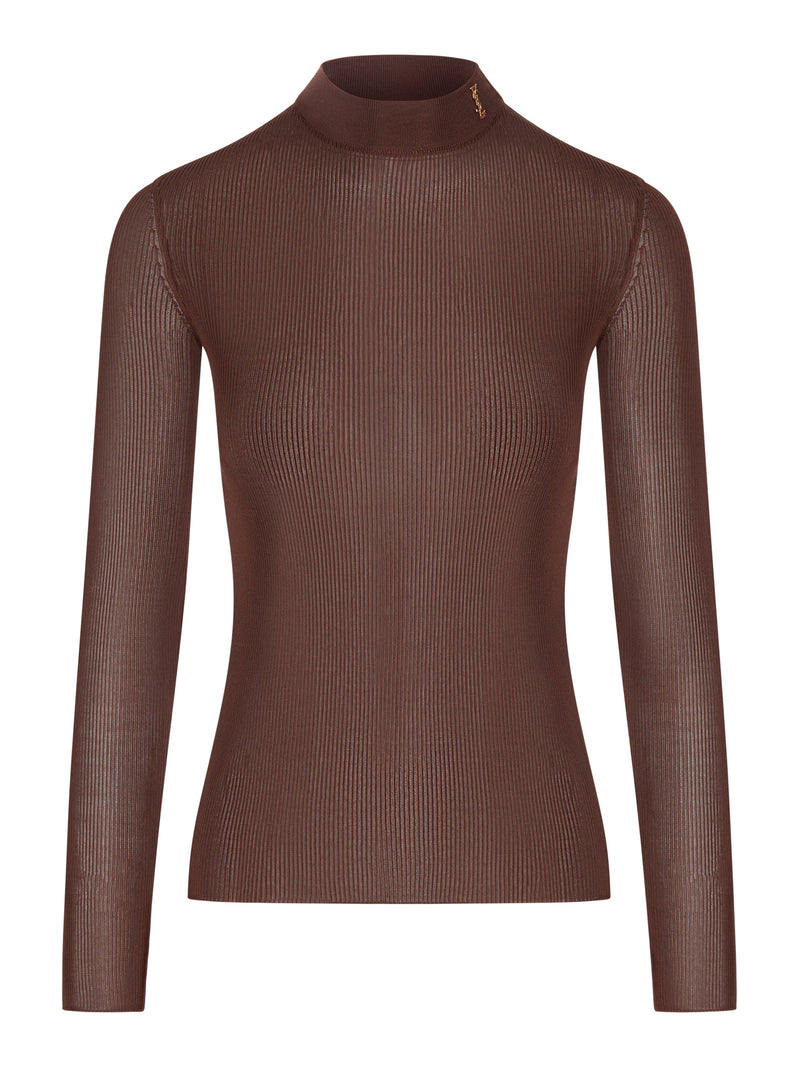 RIBBED SILK CASSANDRE TOP WITH A HIGH NECK