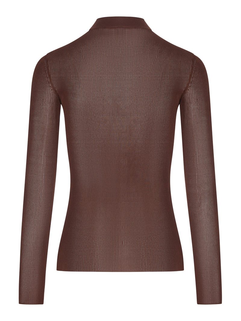 RIBBED SILK CASSANDRE TOP WITH A HIGH NECK