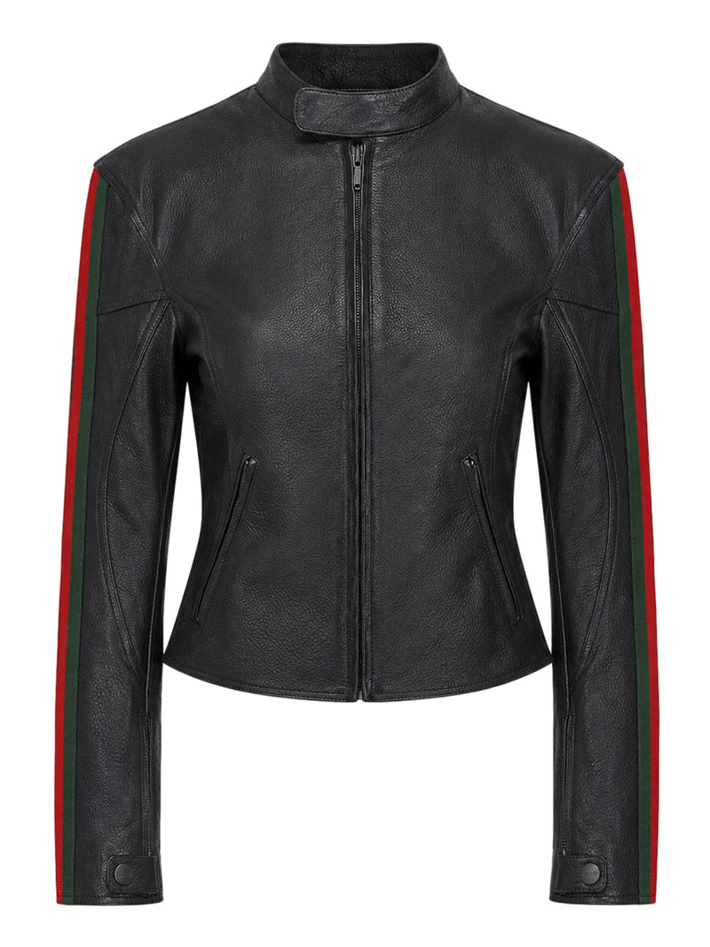 LEATHER BIKER JACKET WITH WEB STRIPE