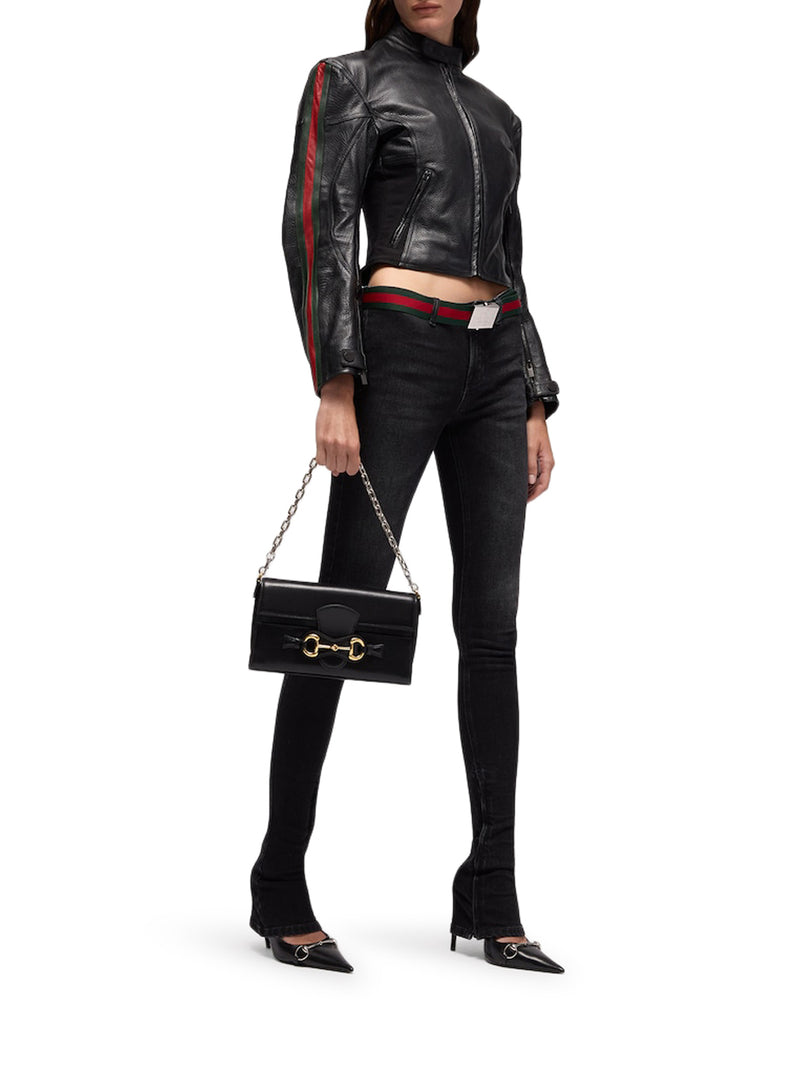 LEATHER BIKER JACKET WITH WEB STRIPE