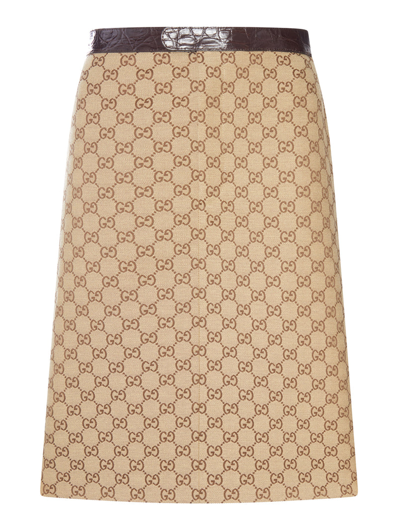 GG CANVAS MIDI SKIRT WITH CAIMAN LEATHER INSERTS