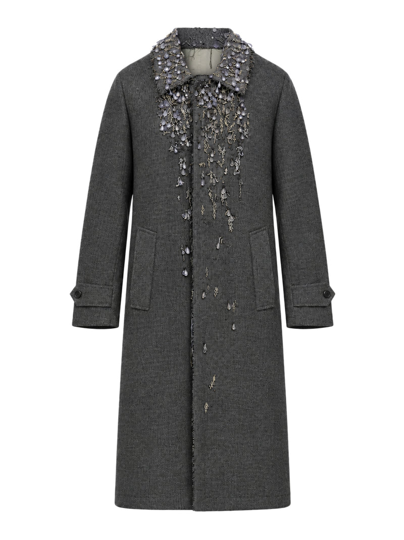 SINGLE-BREASTED OVERCOAT IN MOULINÉ PRINCE OF WALES CHECK AND EMBROIDERED TWILL