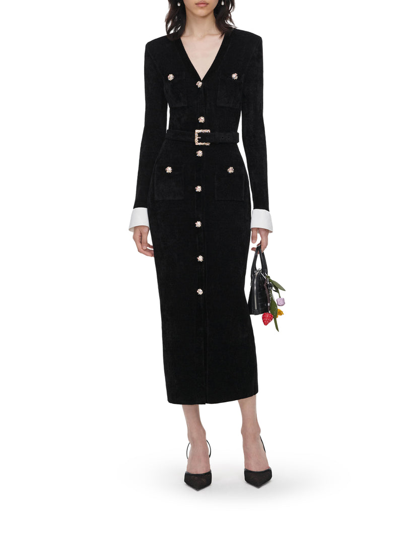 VELVET MIDI DRESS WITH JEWEL BUTTONS AND BELT