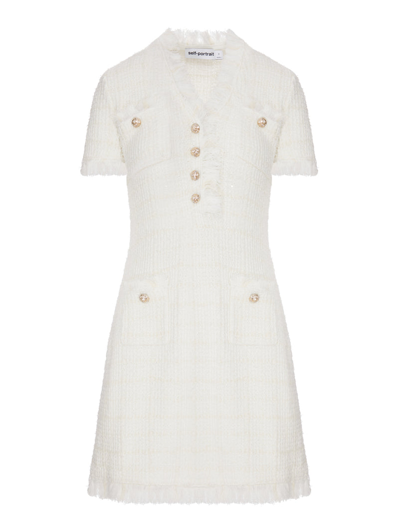 SHORT TWEED DRESS WITH JEWEL BUTTONS AND FRINGED EDGES