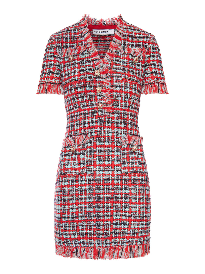 SHORT MULTICOLOR TWEED DRESS WITH JEWEL BUTTONS AND FRINGED EDGES