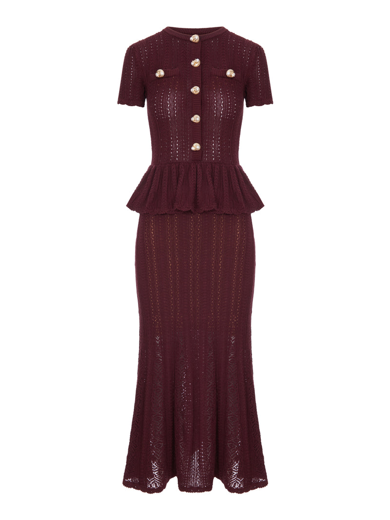 LONG DRESS IN OPENWORK KNIT WITH PEPLUM AND JEWEL BUTTONS