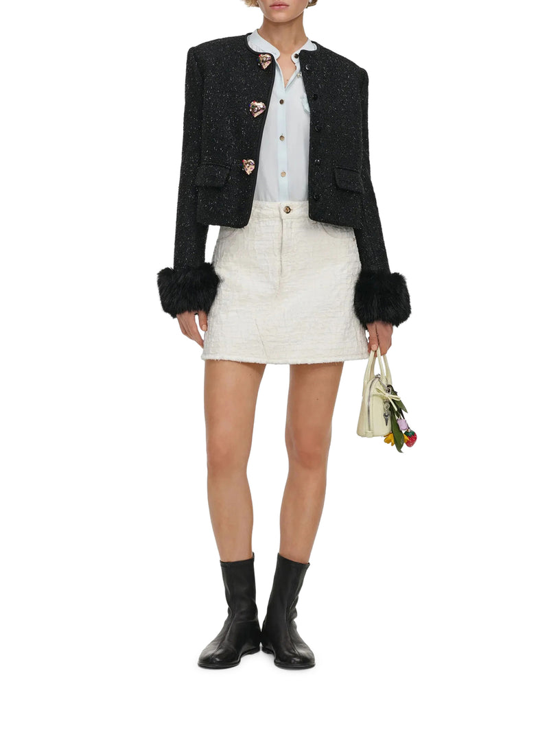 SHORT TWEED JACKET WITH JEWEL BUTTONS AND FAUX FUR CUFFS