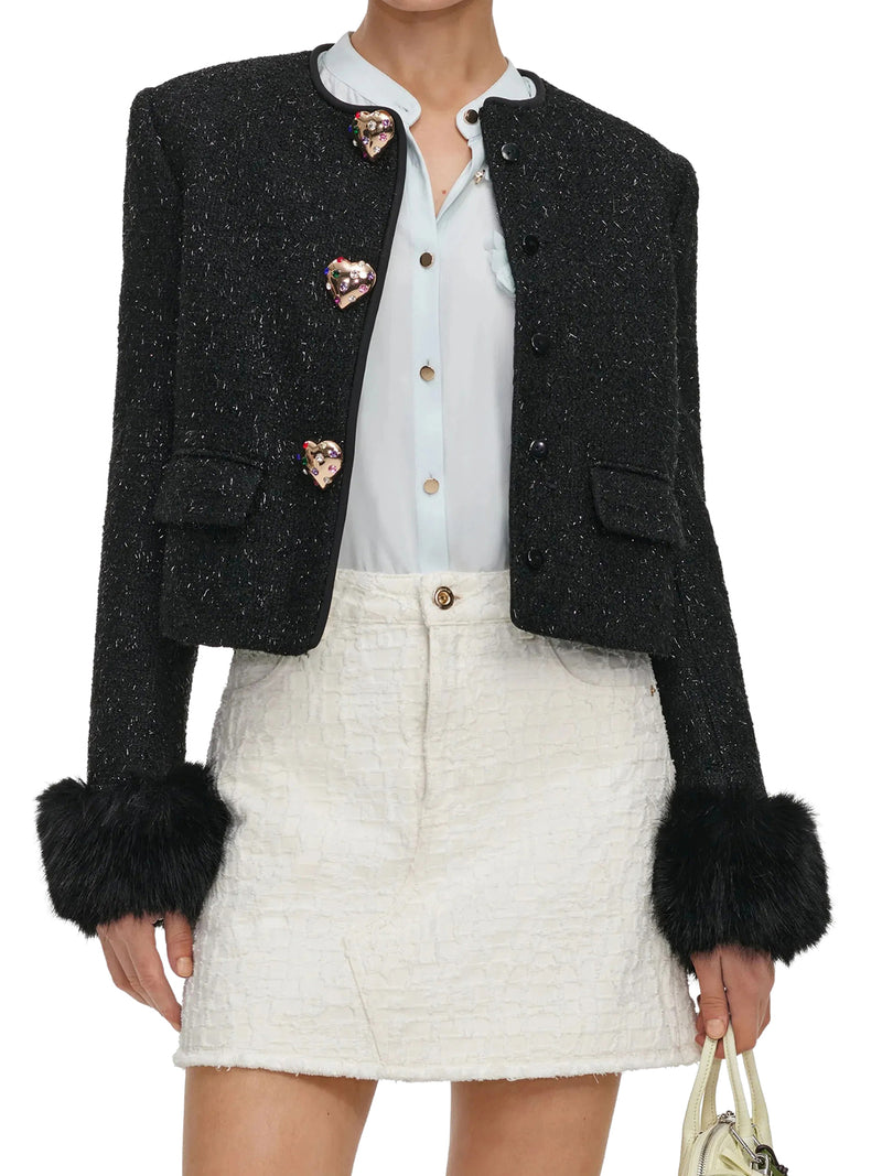 SHORT TWEED JACKET WITH JEWEL BUTTONS AND FAUX FUR CUFFS