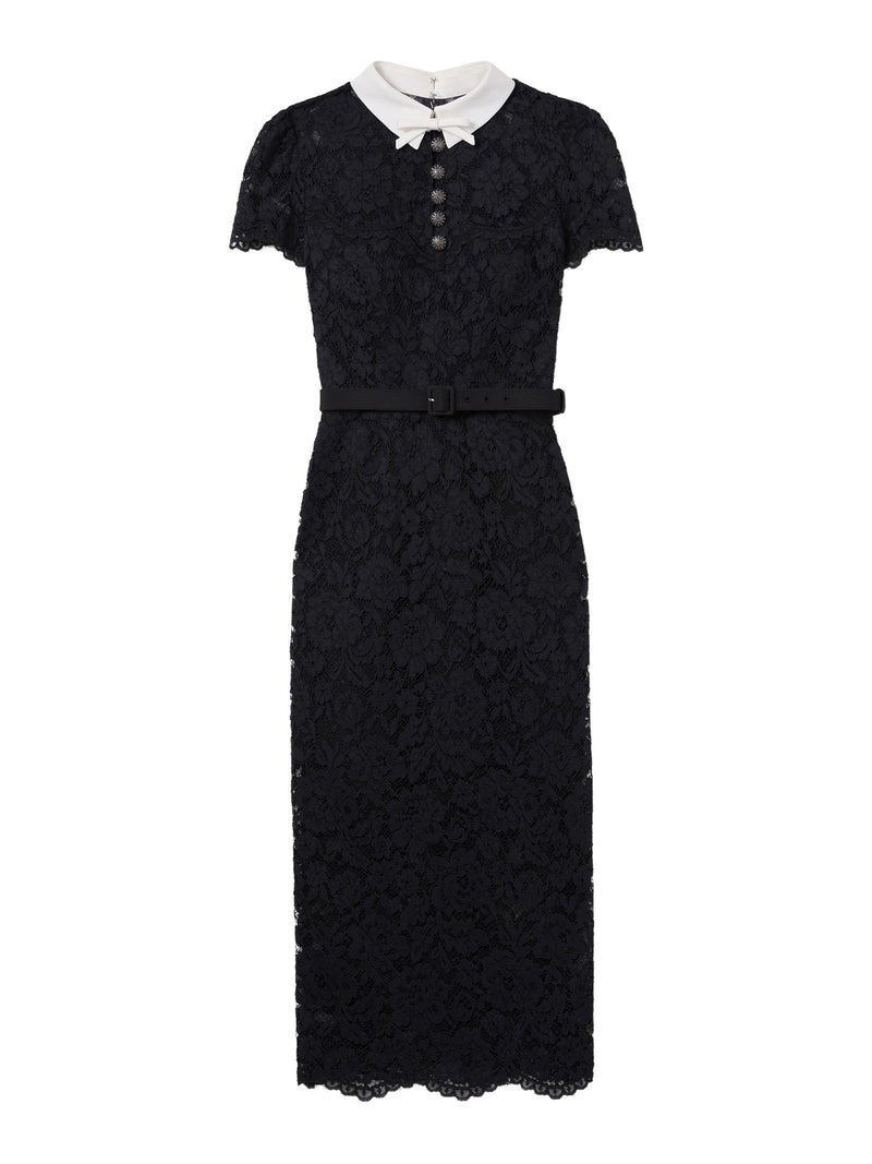BLACK LACE MIDI DRESS WITH CONTRASTING COLLAR