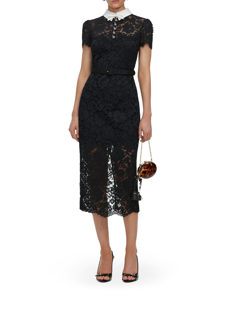 BLACK LACE MIDI DRESS WITH CONTRASTING COLLAR