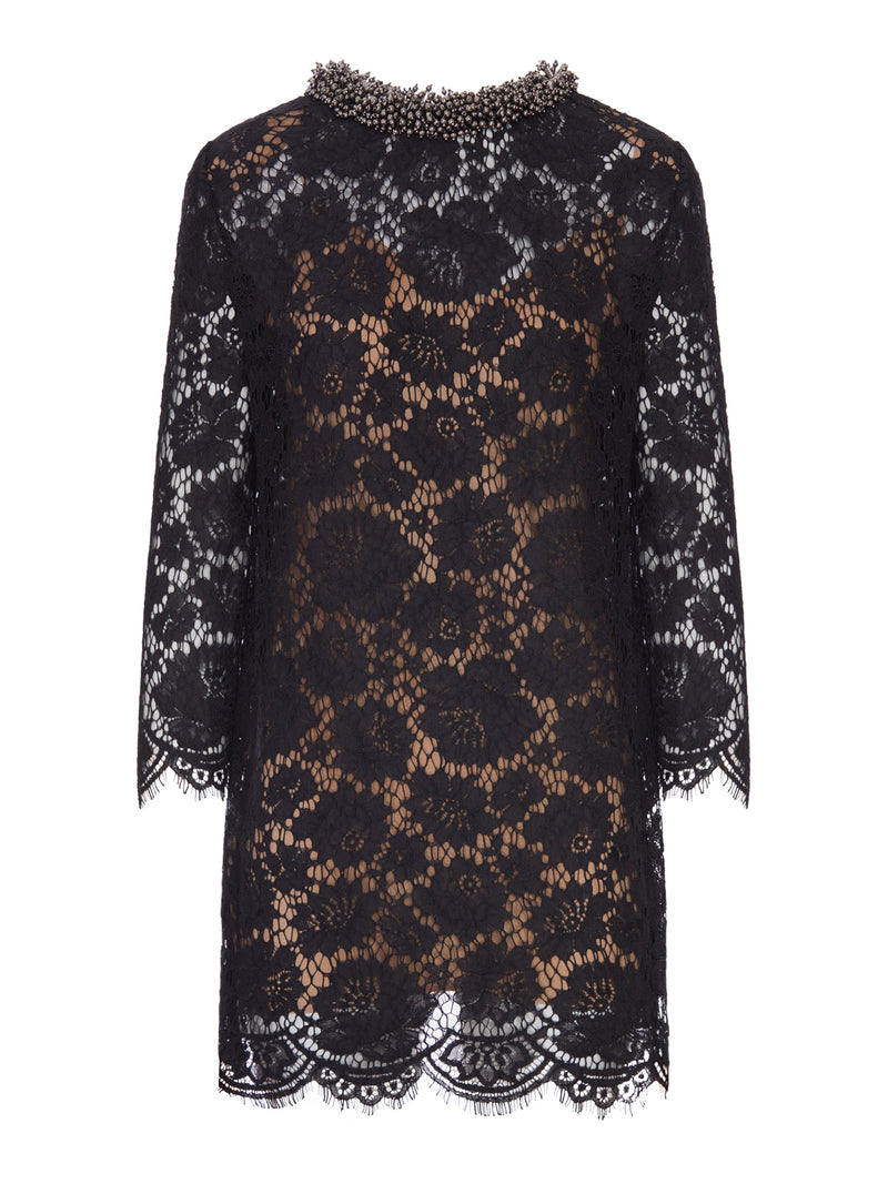 SHORT FLORAL LACE DRESS WITH JEWEL NECK