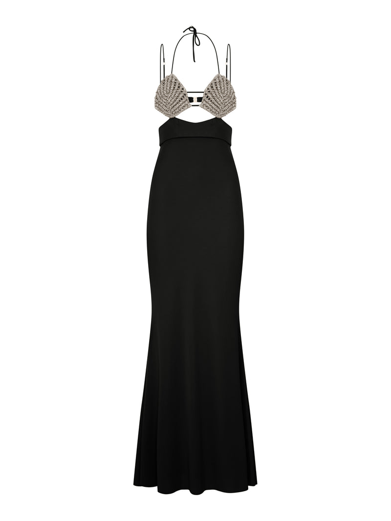 LONG DRESS WITH CRYSTAL-EMBELLISHED CUPS AND CUT-OUT DETAILS