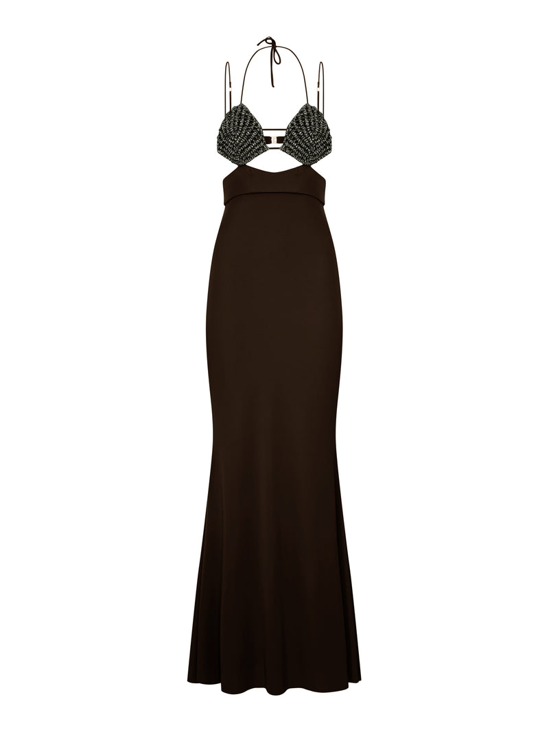 LONG DRESS WITH CRYSTAL-EMBELLISHED CUPS AND CUT-OUT DETAILS