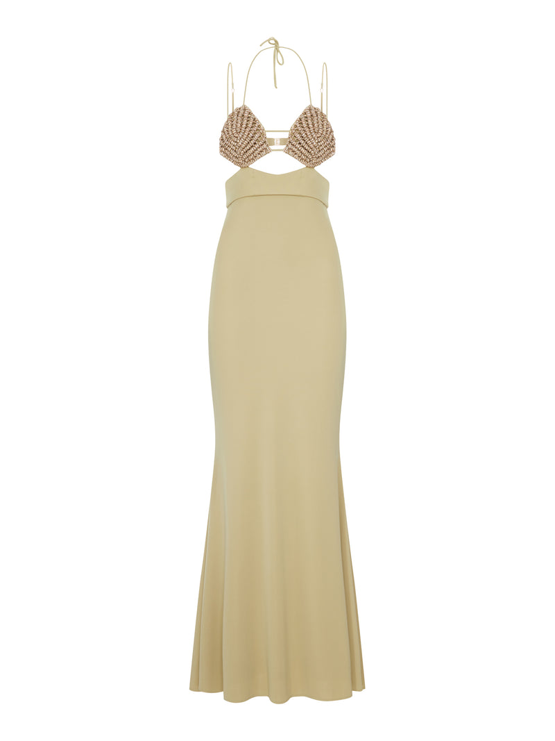 LONG DRESS WITH CRYSTAL-EMBELLISHED CUPS AND CUT-OUT DETAILS