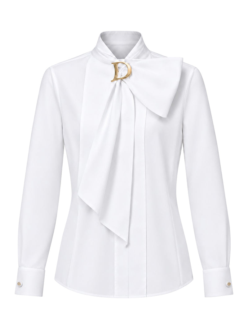 COTTON POPLIN BLOUSE WITH A BIB FRONT AND TIE-NECK COLLAR