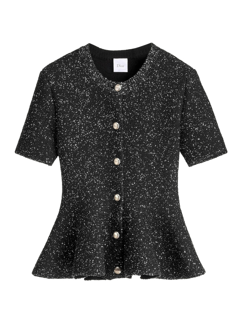 SHORT-SLEEVED CARDIGAN WITH PEPLUM IN BLACK TECHNICAL KNIT WITH SILVER SEQUINS