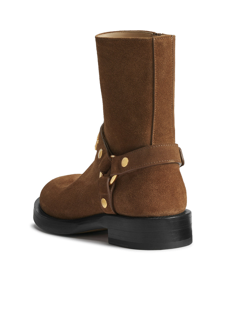 BOLT ANKLE BOOT IN COGNAC BROWN SUEDE CALFSKIN
