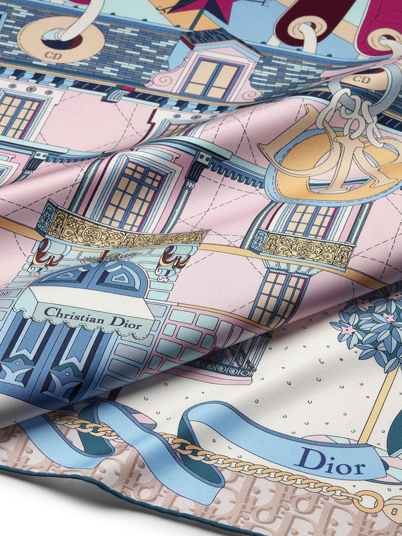 AVENUE 90 SQUARE SCARF IN PINK AND MULTICOLORED SILK TWILL