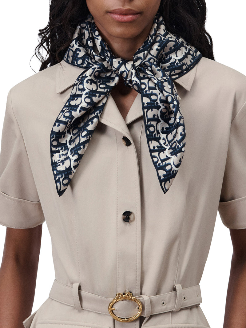 POLKADIOR OBLIQUE SQUARE SCARF IN NAVY BLUE AND BEIGE SILK TWILL