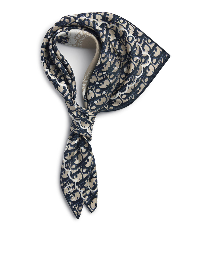 POLKADIOR OBLIQUE SQUARE SCARF IN NAVY BLUE AND BEIGE SILK TWILL