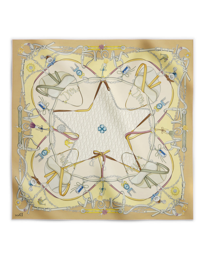 DIOR SADDLE CHARMS 90 SQUARE SCARF IN PINK AND YELLOW SILK TWILL