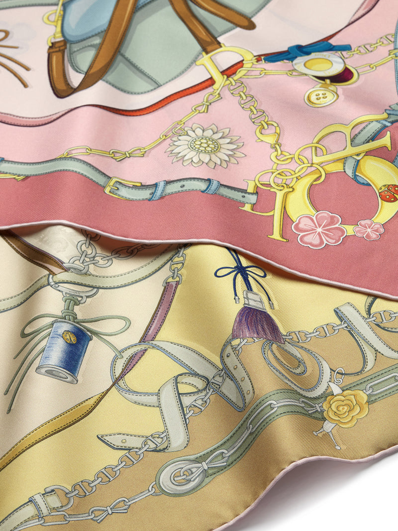 DIOR SADDLE CHARMS 90 SQUARE SCARF IN PINK AND YELLOW SILK TWILL