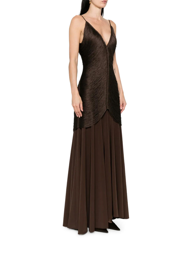 LONG NOSTALGIA DRESS WITH FRINGES AND V-NECK