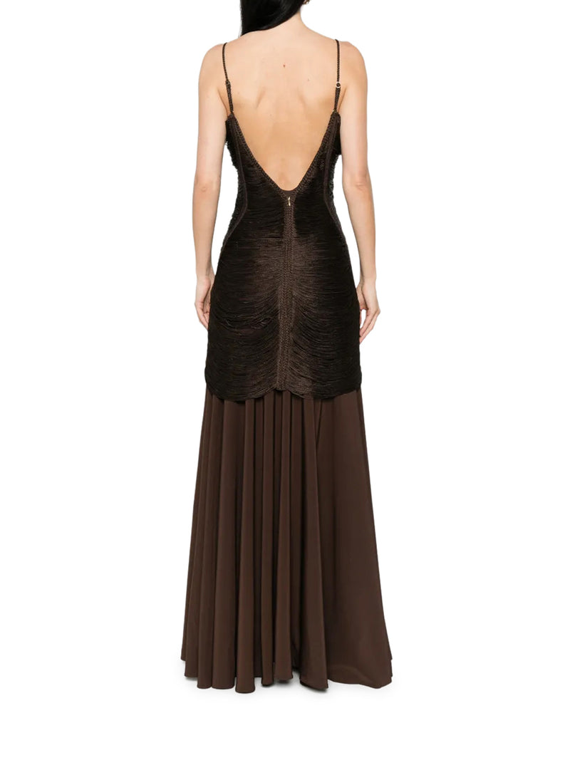 LONG NOSTALGIA DRESS WITH FRINGES AND V-NECK
