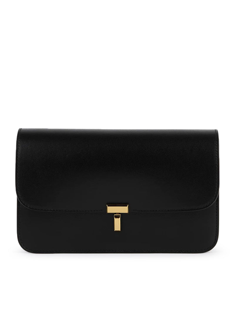 BLACK LEATHER CROSSBODY BAG WITH T-LOCK CLOSURE