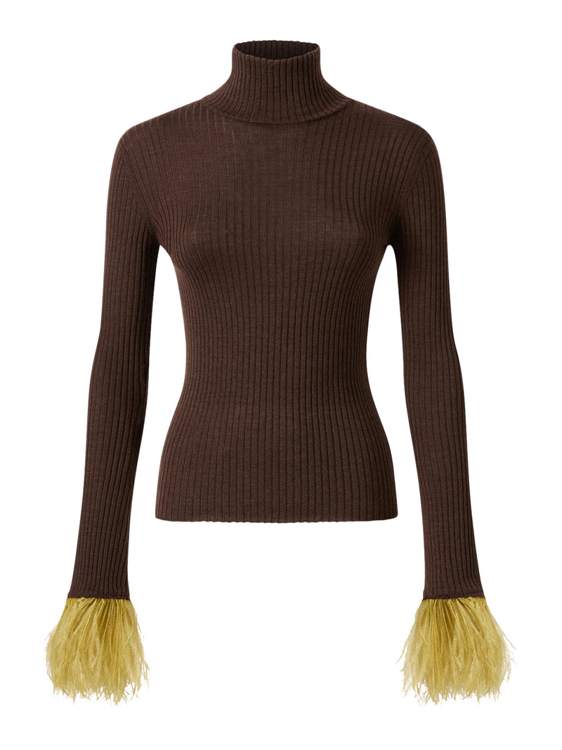 RIBBED SILK CASHMERE TURTLENECK SWEATER WITH FEATHERS