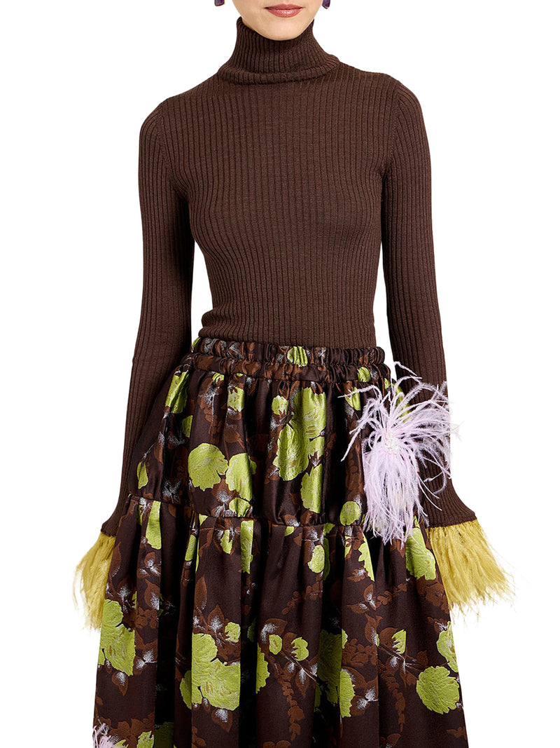 RIBBED SILK CASHMERE TURTLENECK SWEATER WITH FEATHERS