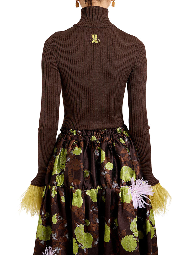 RIBBED SILK CASHMERE TURTLENECK SWEATER WITH FEATHERS
