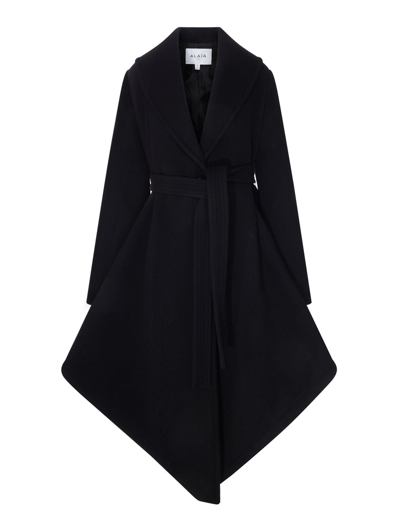 BLACK ASYMMETRIC COAT WITH BELT