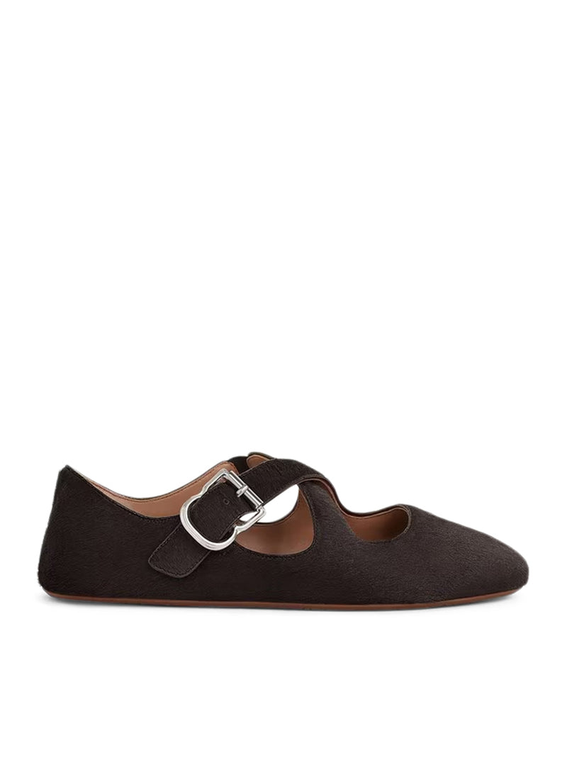 CROSSED PONYSKIN BALLERINAS