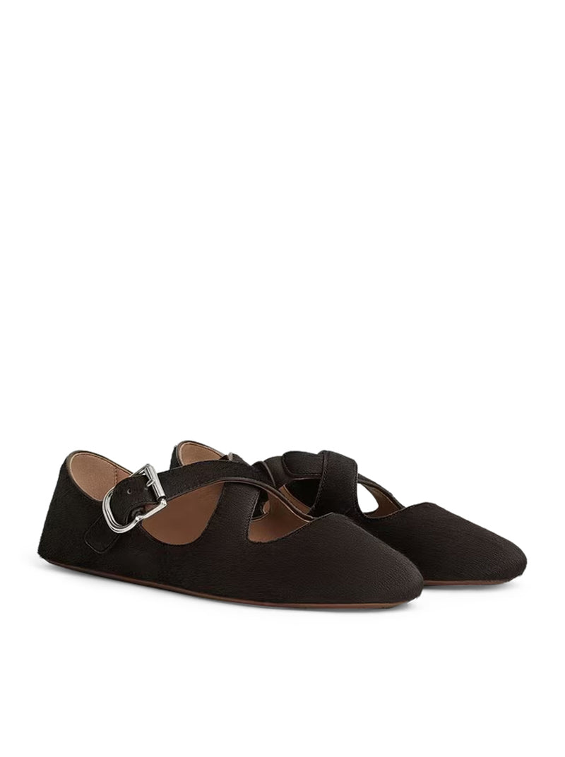 CROSSED PONYSKIN BALLERINAS